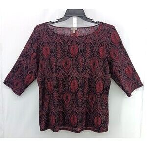 J. Jill Shirt Womens Plus Size 2X Black Red Floral 3/4 Sleeve Moderate Sheer Top